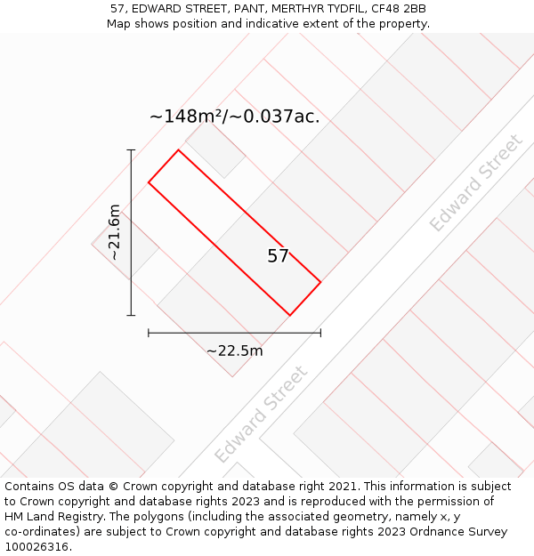 57, EDWARD STREET, PANT, MERTHYR TYDFIL, CF48 2BB: Plot and title map