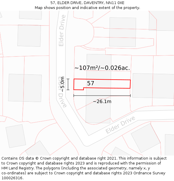 57, ELDER DRIVE, DAVENTRY, NN11 0XE: Plot and title map