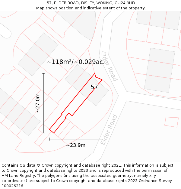 57, ELDER ROAD, BISLEY, WOKING, GU24 9HB: Plot and title map
