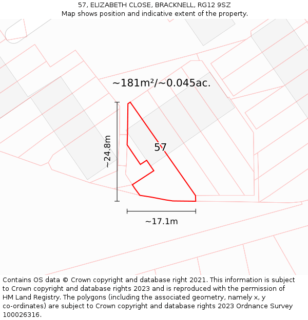 57, ELIZABETH CLOSE, BRACKNELL, RG12 9SZ: Plot and title map