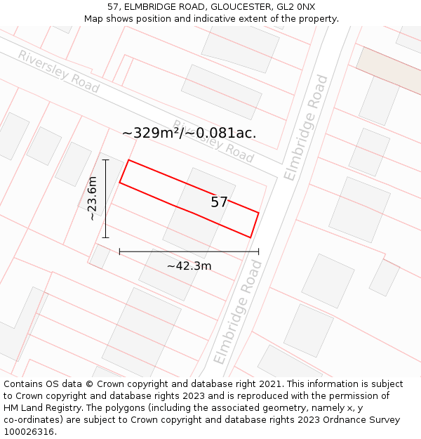 57, ELMBRIDGE ROAD, GLOUCESTER, GL2 0NX: Plot and title map