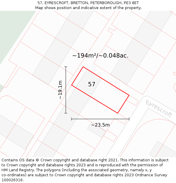 57, EYRESCROFT, BRETTON, PETERBOROUGH, PE3 8ET: Plot and title map