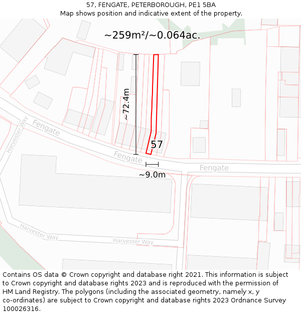 57, FENGATE, PETERBOROUGH, PE1 5BA: Plot and title map