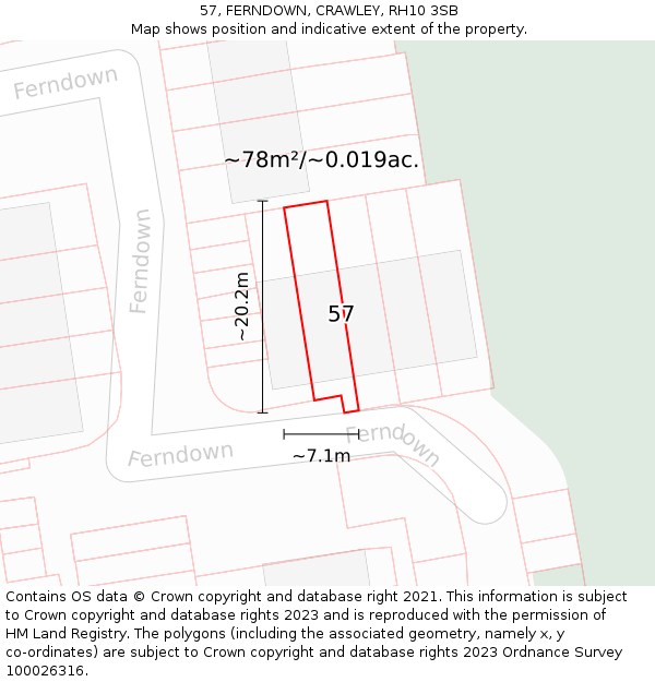 57, FERNDOWN, CRAWLEY, RH10 3SB: Plot and title map