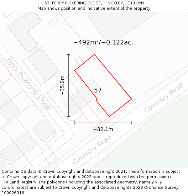 57, FERRY PICKERING CLOSE, HINCKLEY, LE10 0YN: Plot and title map