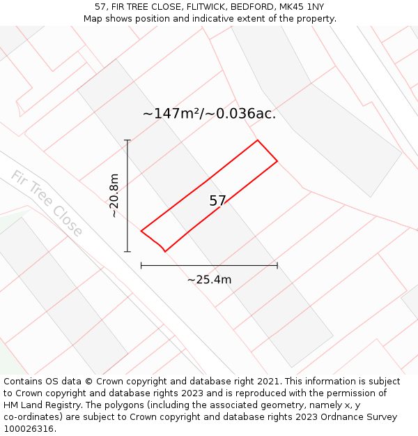 57, FIR TREE CLOSE, FLITWICK, BEDFORD, MK45 1NY: Plot and title map