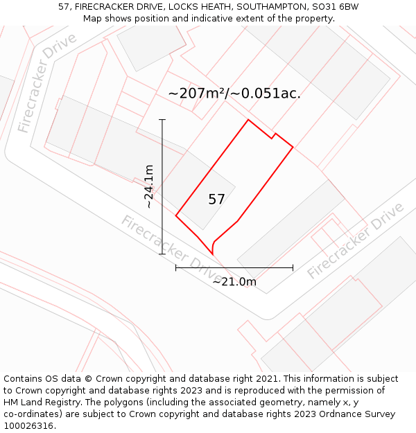 57, FIRECRACKER DRIVE, LOCKS HEATH, SOUTHAMPTON, SO31 6BW: Plot and title map