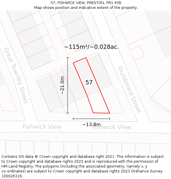 57, FISHWICK VIEW, PRESTON, PR1 4YB: Plot and title map