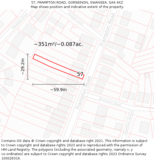 57, FRAMPTON ROAD, GORSEINON, SWANSEA, SA4 4XZ: Plot and title map