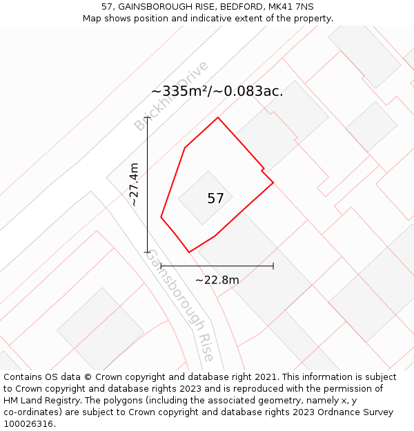 57, GAINSBOROUGH RISE, BEDFORD, MK41 7NS: Plot and title map