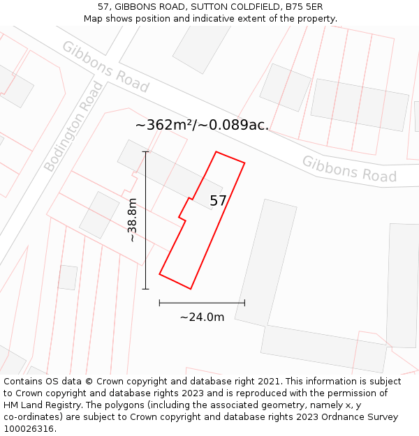 57, GIBBONS ROAD, SUTTON COLDFIELD, B75 5ER: Plot and title map