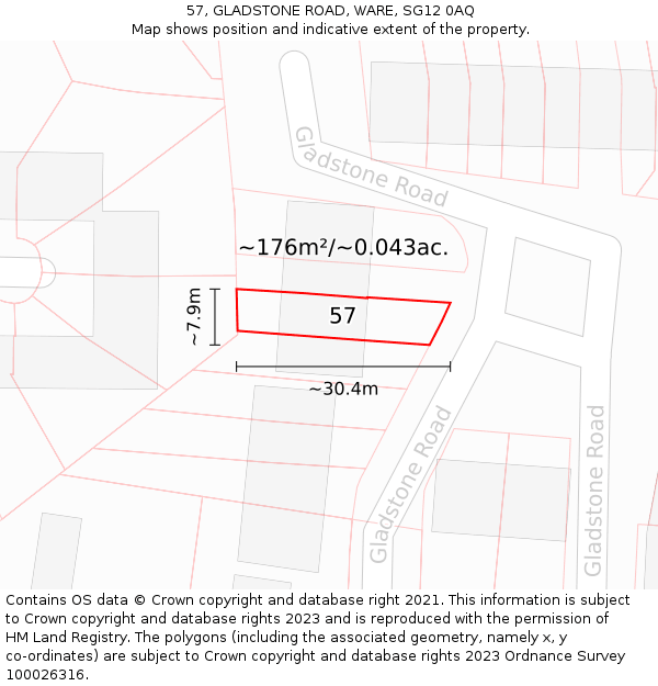 57, GLADSTONE ROAD, WARE, SG12 0AQ: Plot and title map