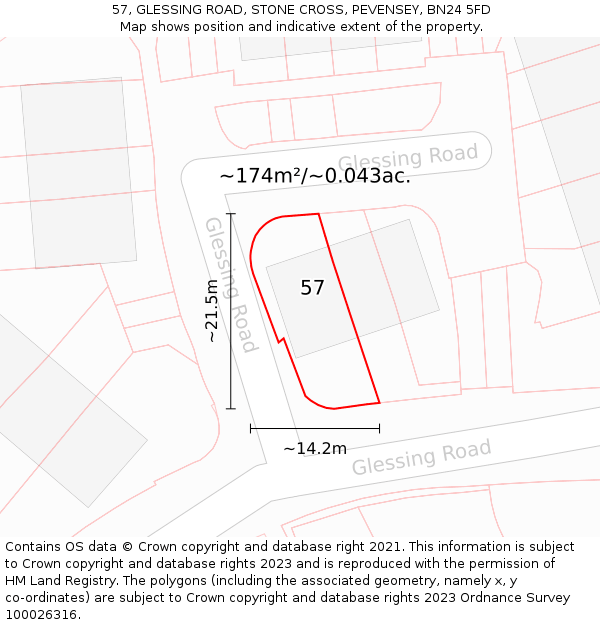 57, GLESSING ROAD, STONE CROSS, PEVENSEY, BN24 5FD: Plot and title map