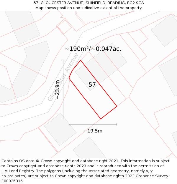 57, GLOUCESTER AVENUE, SHINFIELD, READING, RG2 9GA: Plot and title map