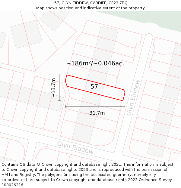 57, GLYN EIDDEW, CARDIFF, CF23 7BQ: Plot and title map