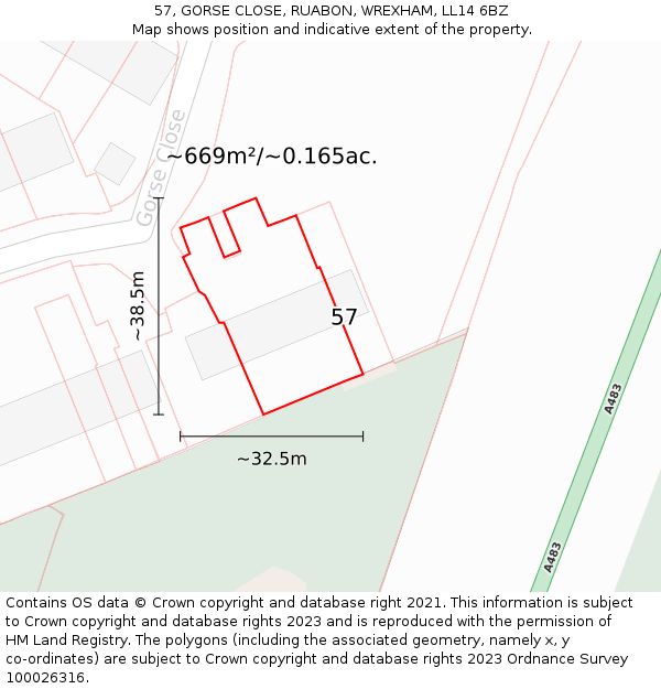 57, GORSE CLOSE, RUABON, WREXHAM, LL14 6BZ: Plot and title map