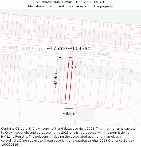 57, GRANDSTAND ROAD, HEREFORD, HR4 9NE: Plot and title map