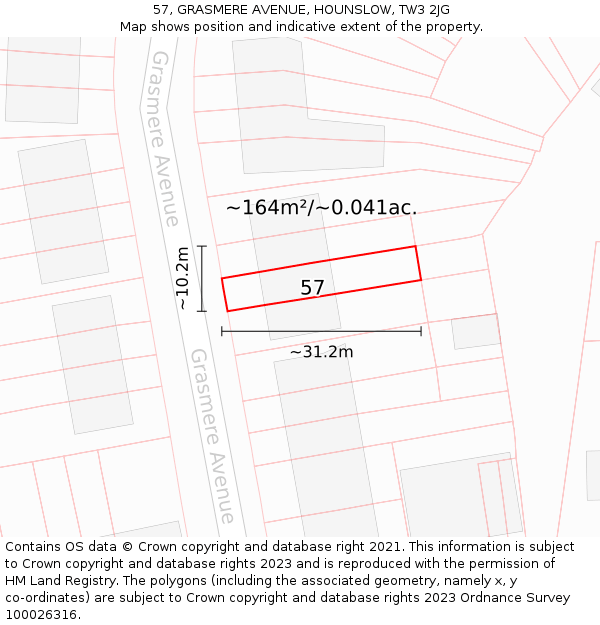 57, GRASMERE AVENUE, HOUNSLOW, TW3 2JG: Plot and title map