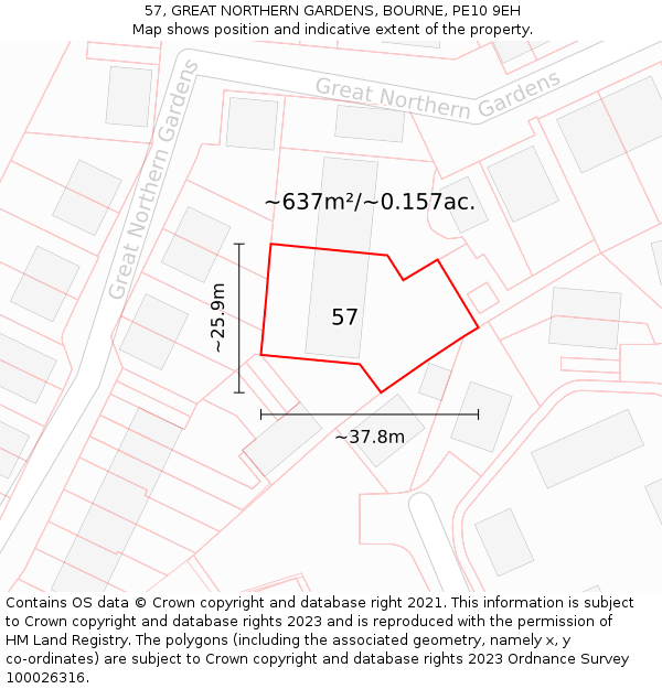 57, GREAT NORTHERN GARDENS, BOURNE, PE10 9EH: Plot and title map