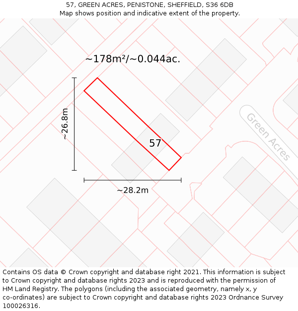 57, GREEN ACRES, PENISTONE, SHEFFIELD, S36 6DB: Plot and title map