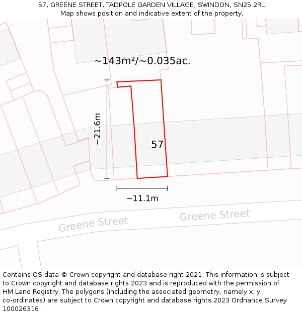 57, GREENE STREET, TADPOLE GARDEN VILLAGE, SWINDON, SN25 2RL: Plot and title map