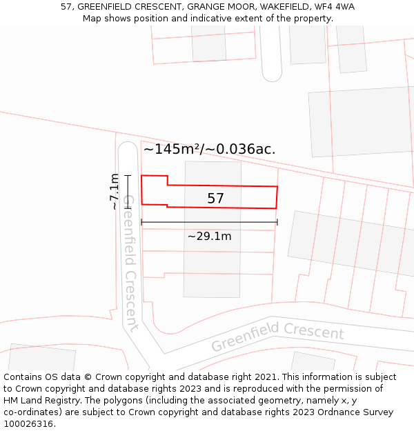57, GREENFIELD CRESCENT, GRANGE MOOR, WAKEFIELD, WF4 4WA: Plot and title map