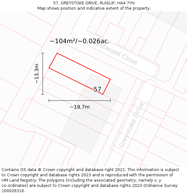 57, GREYSTOKE DRIVE, RUISLIP, HA4 7YN: Plot and title map