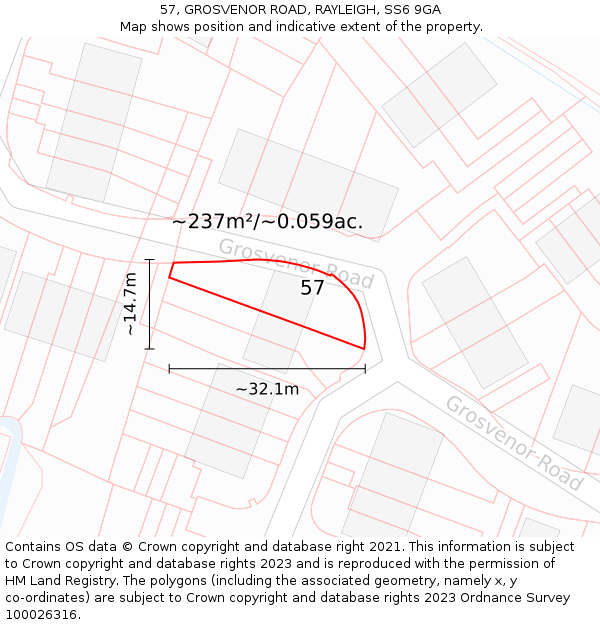 57, GROSVENOR ROAD, RAYLEIGH, SS6 9GA: Plot and title map