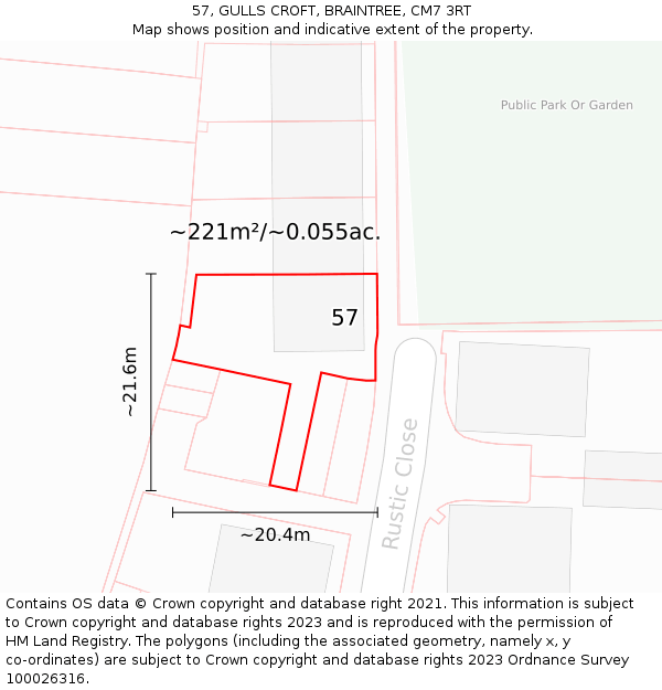 57, GULLS CROFT, BRAINTREE, CM7 3RT: Plot and title map