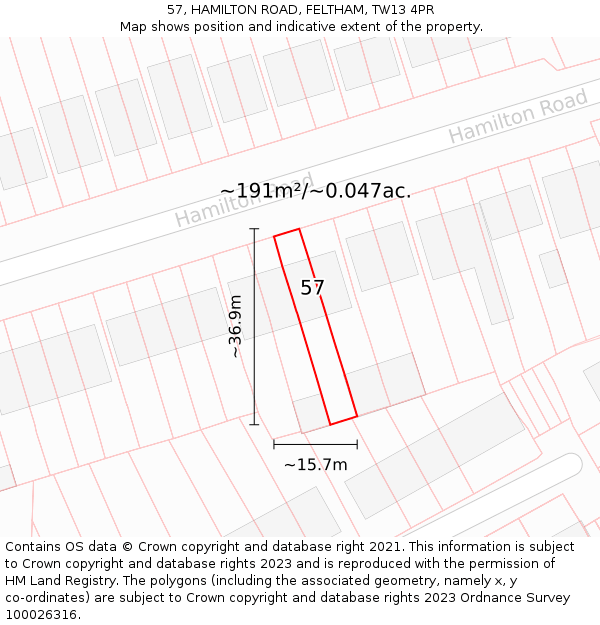 57, HAMILTON ROAD, FELTHAM, TW13 4PR: Plot and title map