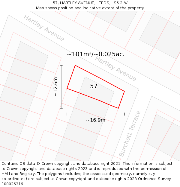 57, HARTLEY AVENUE, LEEDS, LS6 2LW: Plot and title map
