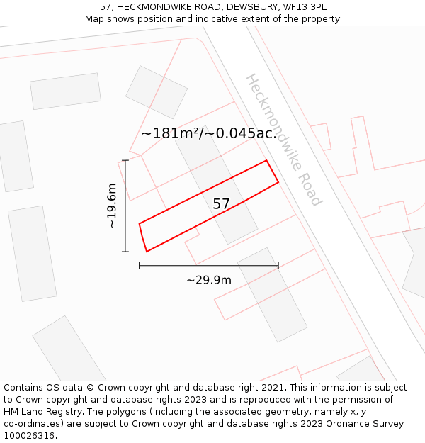 57, HECKMONDWIKE ROAD, DEWSBURY, WF13 3PL: Plot and title map