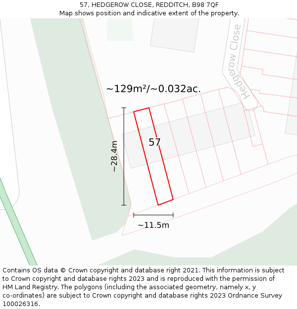 57, HEDGEROW CLOSE, REDDITCH, B98 7QF: Plot and title map