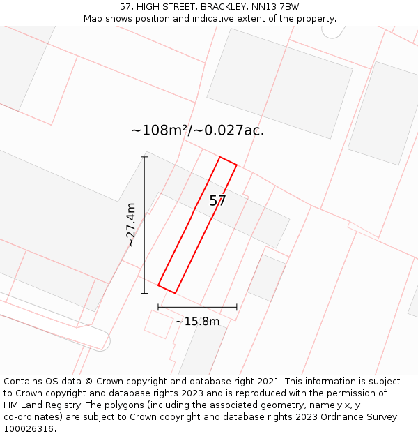 57, HIGH STREET, BRACKLEY, NN13 7BW: Plot and title map