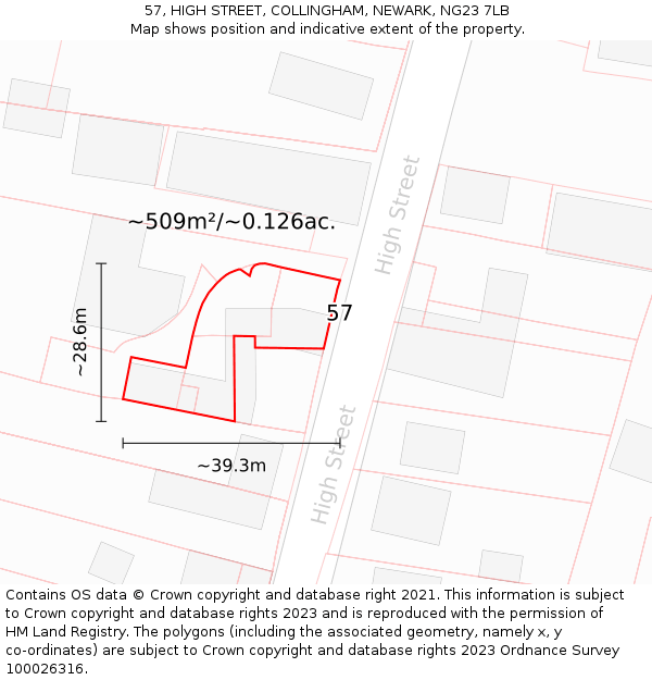 57, HIGH STREET, COLLINGHAM, NEWARK, NG23 7LB: Plot and title map