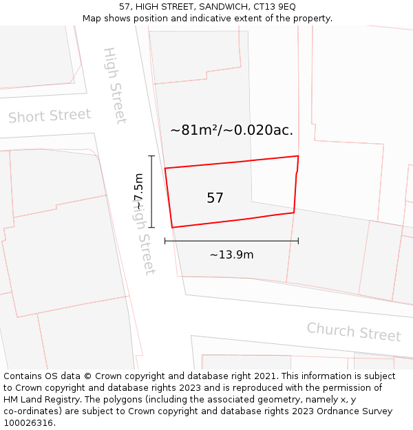 57, HIGH STREET, SANDWICH, CT13 9EQ: Plot and title map