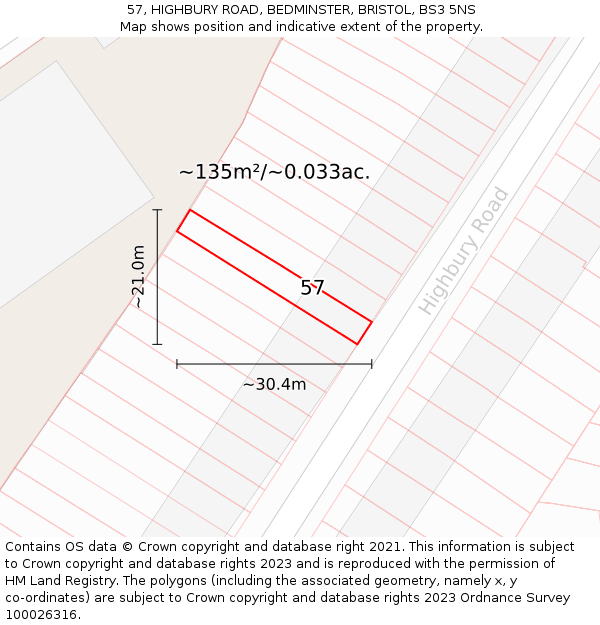 57, HIGHBURY ROAD, BEDMINSTER, BRISTOL, BS3 5NS: Plot and title map