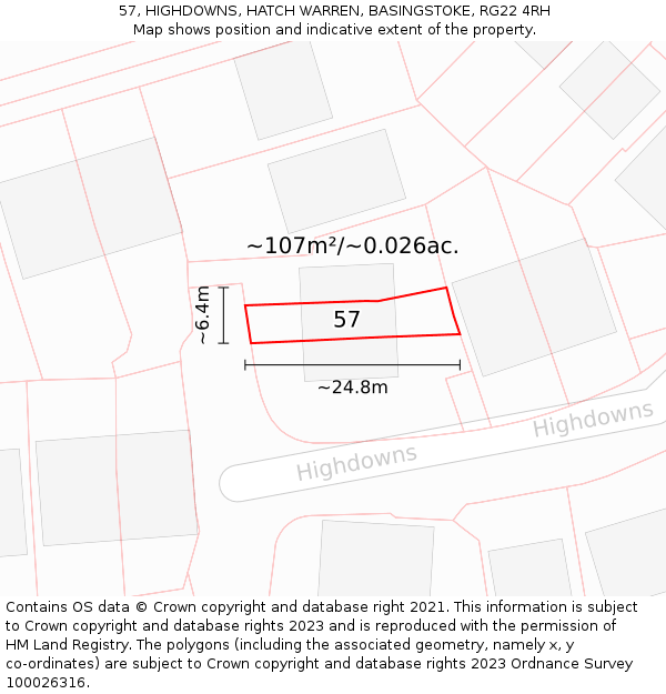57, HIGHDOWNS, HATCH WARREN, BASINGSTOKE, RG22 4RH: Plot and title map