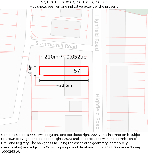 57, HIGHFIELD ROAD, DARTFORD, DA1 2JS: Plot and title map