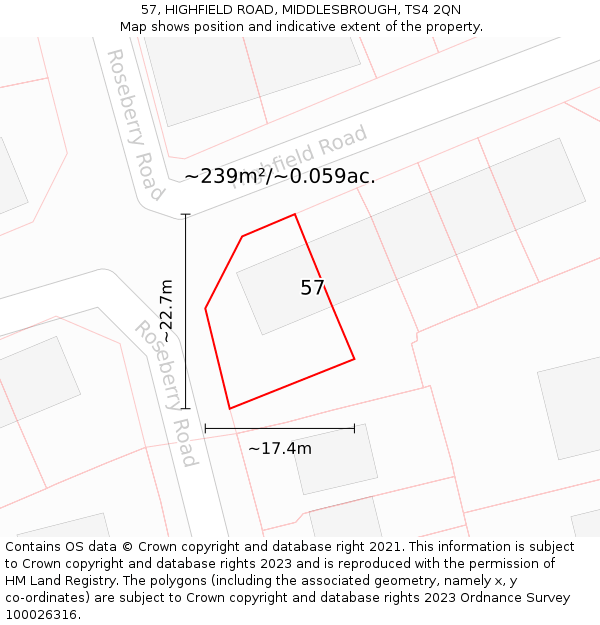57, HIGHFIELD ROAD, MIDDLESBROUGH, TS4 2QN: Plot and title map