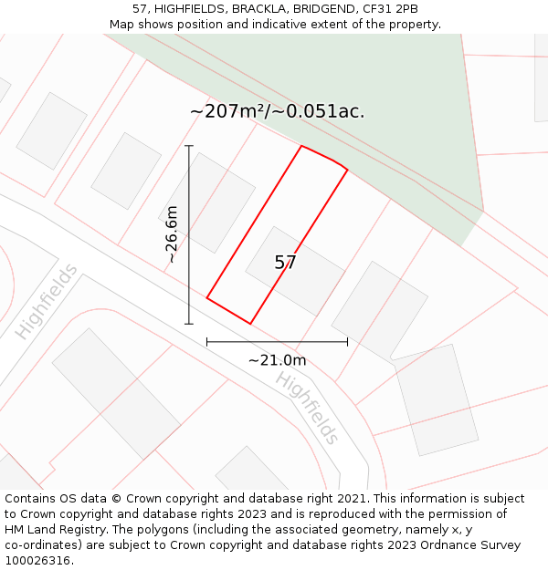 57, HIGHFIELDS, BRACKLA, BRIDGEND, CF31 2PB: Plot and title map
