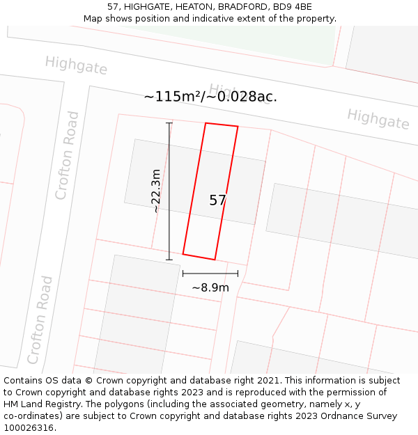 57, HIGHGATE, HEATON, BRADFORD, BD9 4BE: Plot and title map