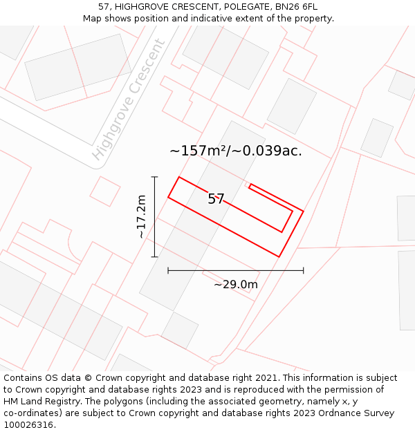 57, HIGHGROVE CRESCENT, POLEGATE, BN26 6FL: Plot and title map