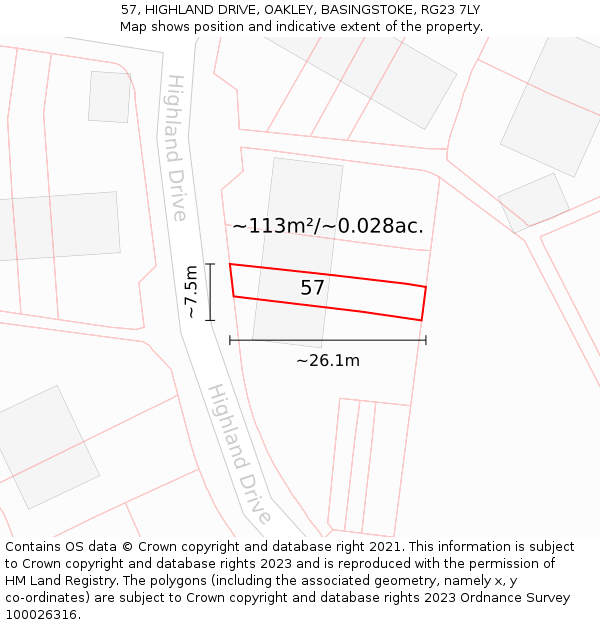 57, HIGHLAND DRIVE, OAKLEY, BASINGSTOKE, RG23 7LY: Plot and title map