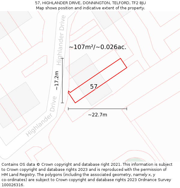 57, HIGHLANDER DRIVE, DONNINGTON, TELFORD, TF2 8JU: Plot and title map
