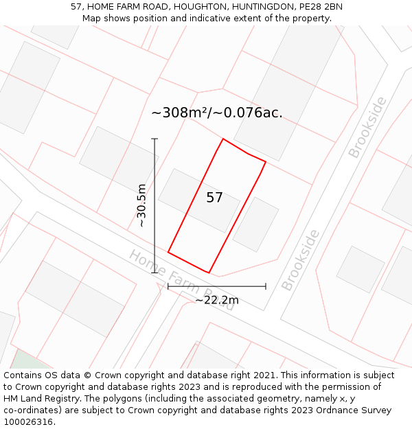 57, HOME FARM ROAD, HOUGHTON, HUNTINGDON, PE28 2BN: Plot and title map