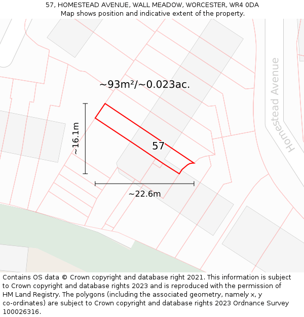 57, HOMESTEAD AVENUE, WALL MEADOW, WORCESTER, WR4 0DA: Plot and title map