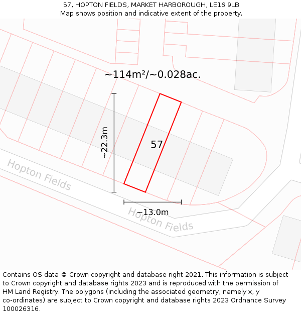 57, HOPTON FIELDS, MARKET HARBOROUGH, LE16 9LB: Plot and title map
