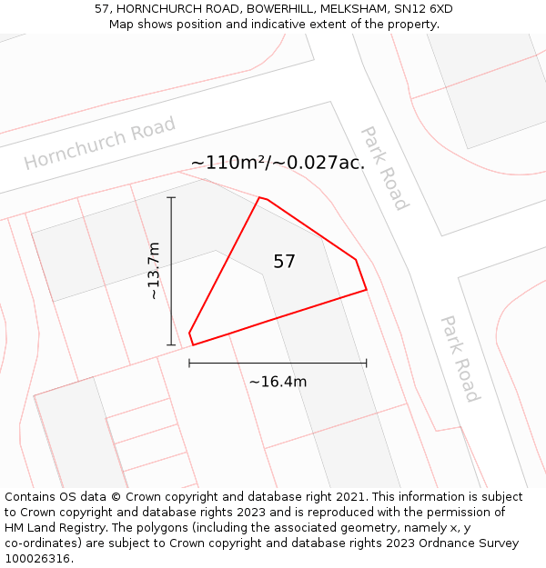 57, HORNCHURCH ROAD, BOWERHILL, MELKSHAM, SN12 6XD: Plot and title map