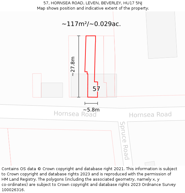 57, HORNSEA ROAD, LEVEN, BEVERLEY, HU17 5NJ: Plot and title map